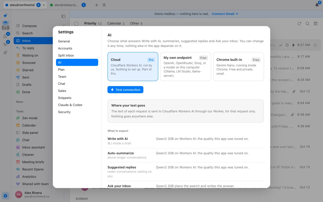 Donezo Inbox's AI settings with three choices: Cloud (part of Pro), My own endpoint (free) and Chrome built-in (free), plus a note about where your text goes