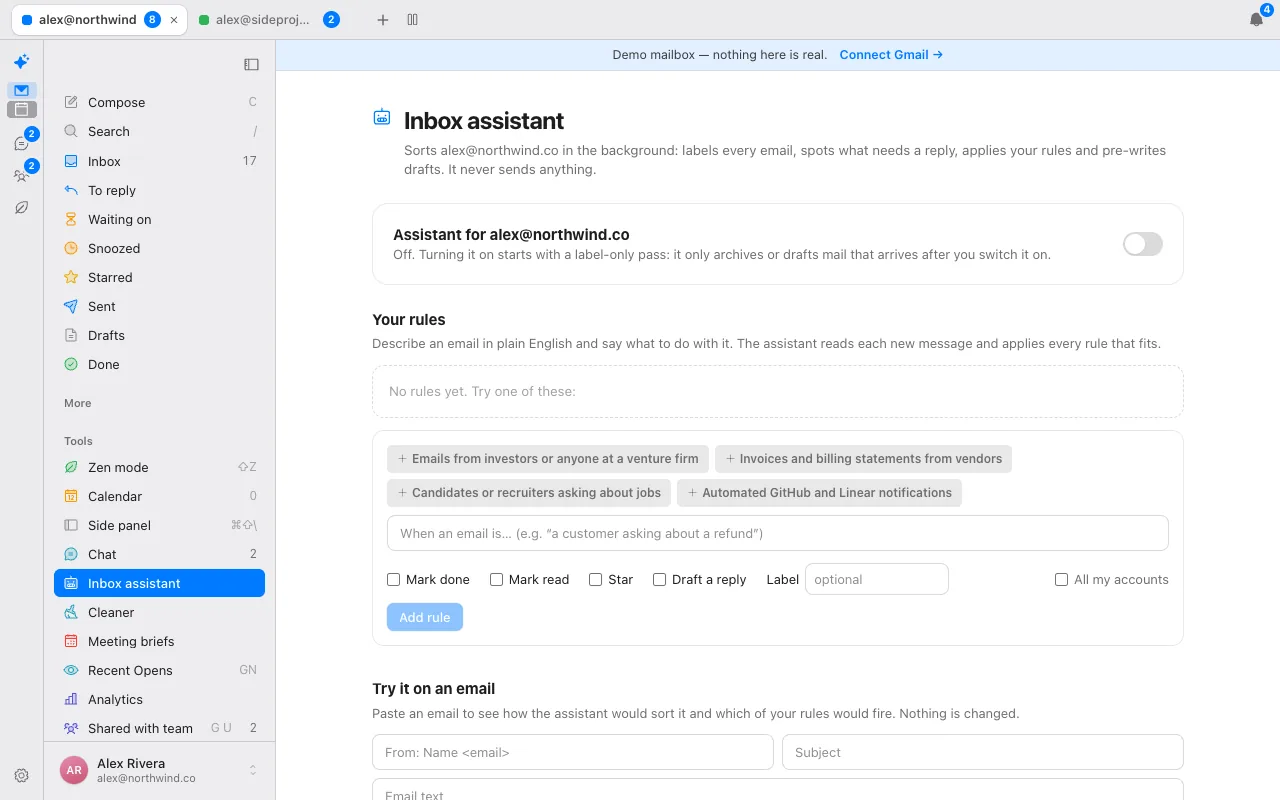 Donezo Inbox's Inbox assistant page, switched off by default, with plain-English rules and a Try it on an email box that shows how an email would be sorted without changing anything