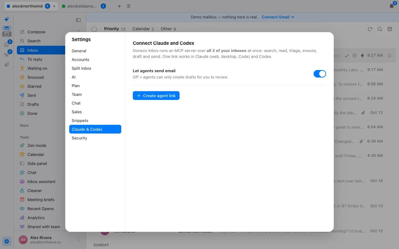 The Claude and Codex settings in Donezo Inbox: a Create agent link button and a Let agents send email switch that is off, meaning agents can only create drafts