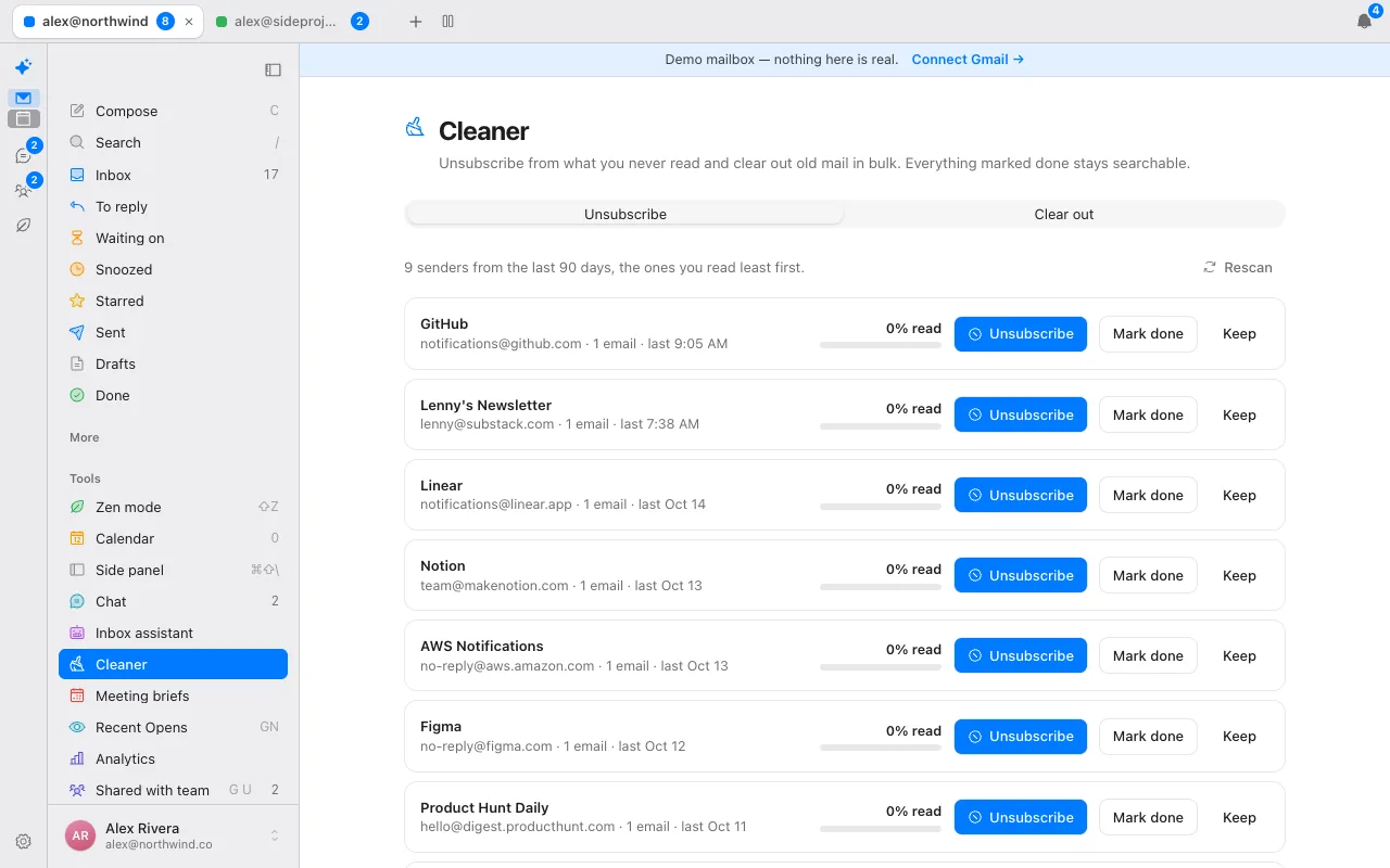 The Cleaner in Donezo Inbox, listing newsletter senders such as GitHub, Linear, Notion and Figma with a 0 percent read bar and Unsubscribe, Mark done and Keep buttons