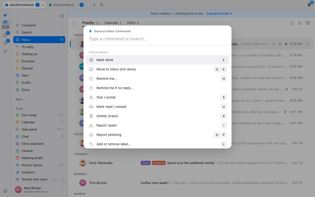 The Donezo Inbox command palette with Mark done, Move to inbox, Remind me, Remind me if no reply, Star, Mark read, Delete, Report spam and Report phishing, each with its own shortcut