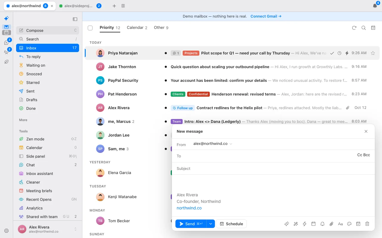 The Donezo Inbox composer with From, To, Cc and Bcc fields, a subject line, a Gmail signature, a Send button with its shortcut, a Schedule button and a toolbar for AI, snippets and reminders