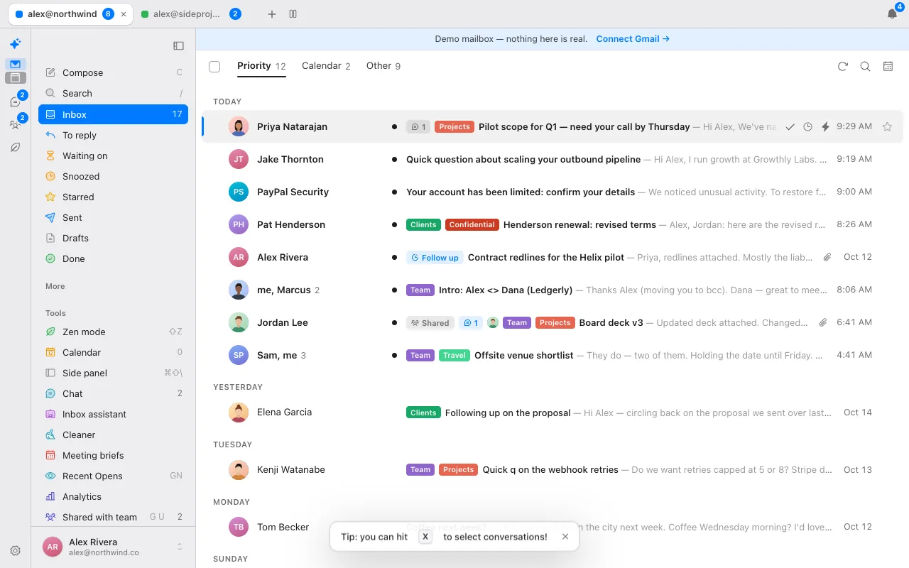 Donezo Inbox's split inbox with Priority, Calendar and Other tabs and a sidebar with To reply and Waiting on views