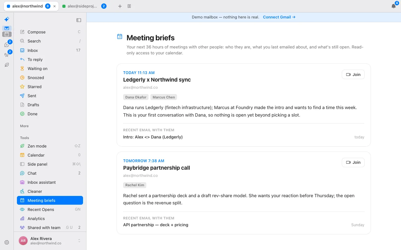 Meeting briefs in Donezo Inbox for the next 36 hours, each meeting with who the other people are, what you last emailed about and what is still open, and a Join button
