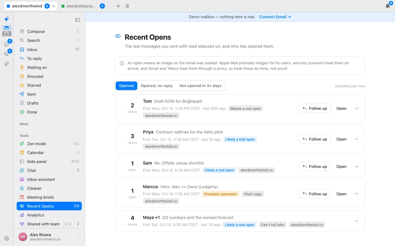Recent Opens in Donezo Inbox, listing sent messages that were opened, with labels such as Likely a real open and Probably automatic, and a Follow up button