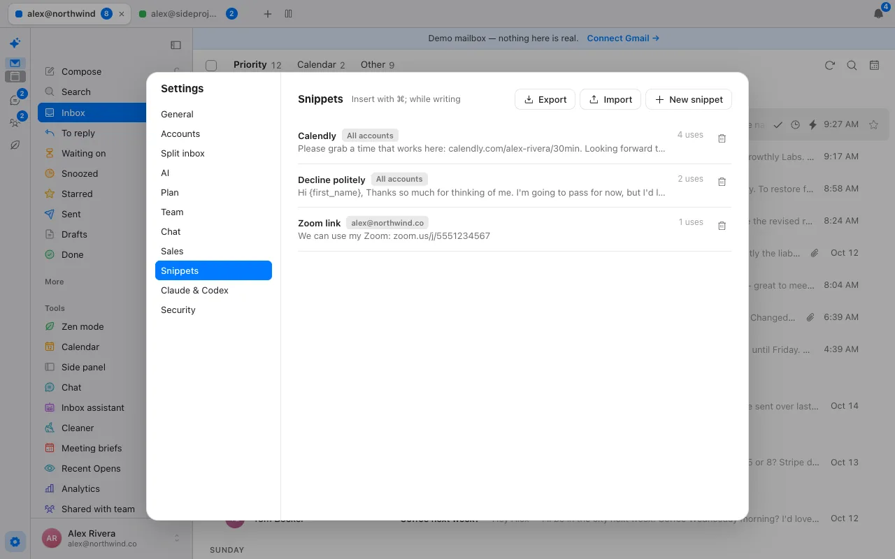 The Snippets settings in Donezo Inbox listing reusable replies such as Calendly, Decline politely and Zoom link, with how many times each was used and buttons to export, import and add a snippet