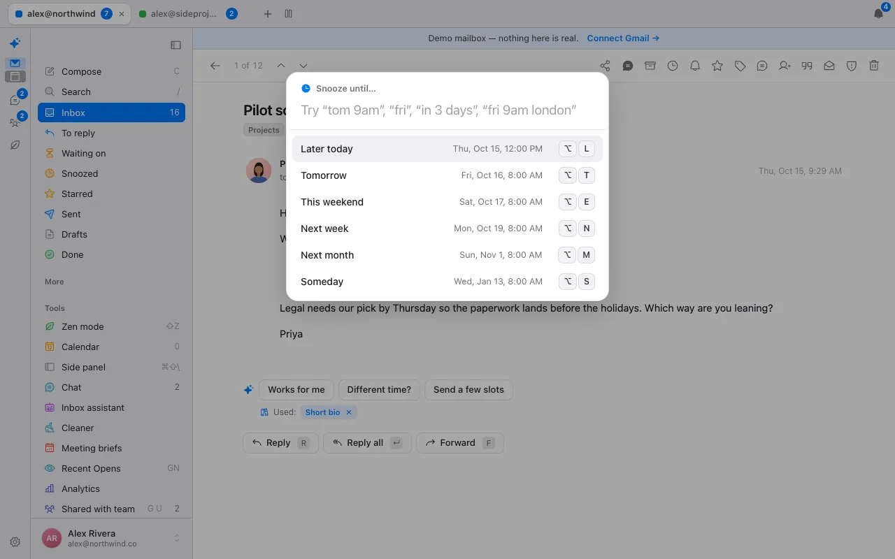 The snooze picker in Donezo Inbox with presets for later today, tomorrow, this weekend, next week, next month and someday, and a box that accepts plain words like tom 9am or fri