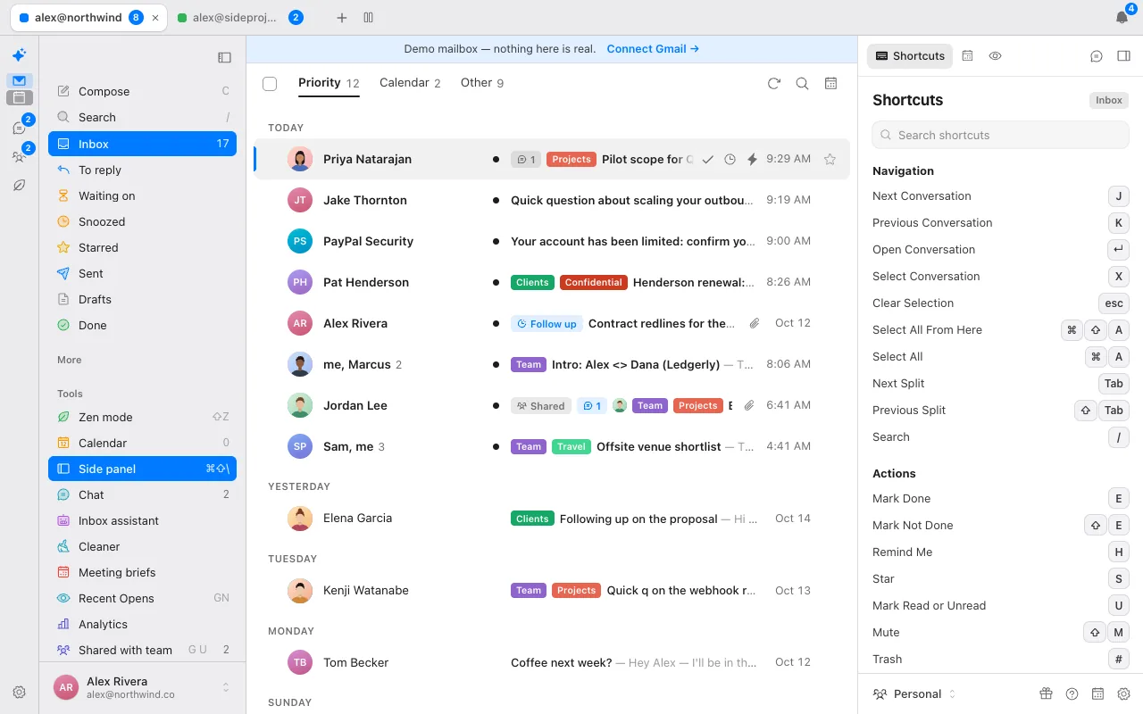 Donezo Inbox with two accounts open as tabs above the app, a split inbox and the Shortcuts side panel