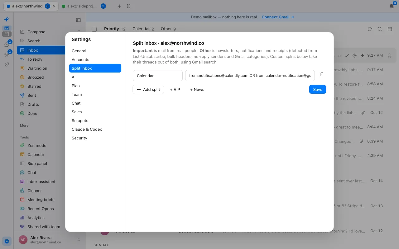 Donezo Inbox's split inbox settings explaining that Important is mail from real people and Other is newsletters and notifications, with a custom Calendar split and buttons to add a split, VIP or News