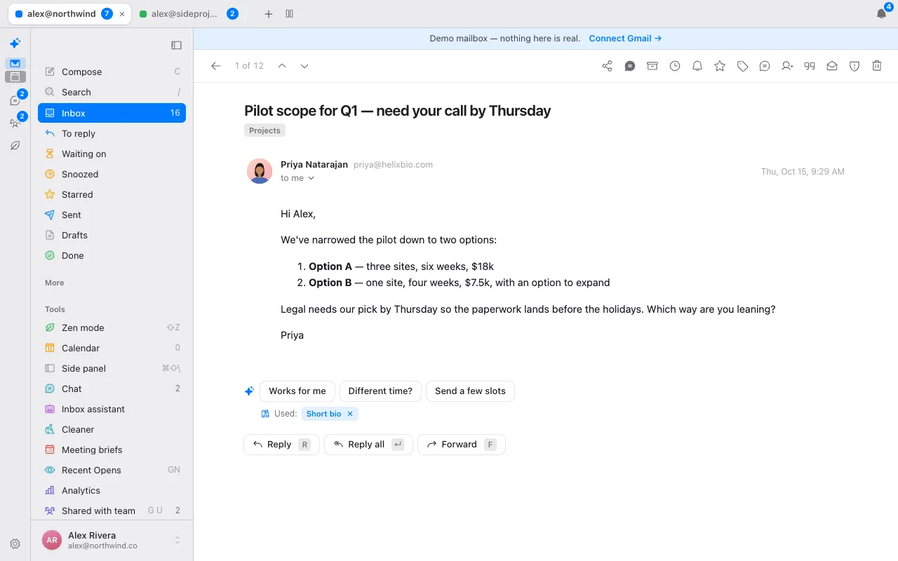 An open conversation in Donezo Inbox with three suggested one-tap replies, Works for me, Different time? and Send a few slots, and a Short bio note marked as used