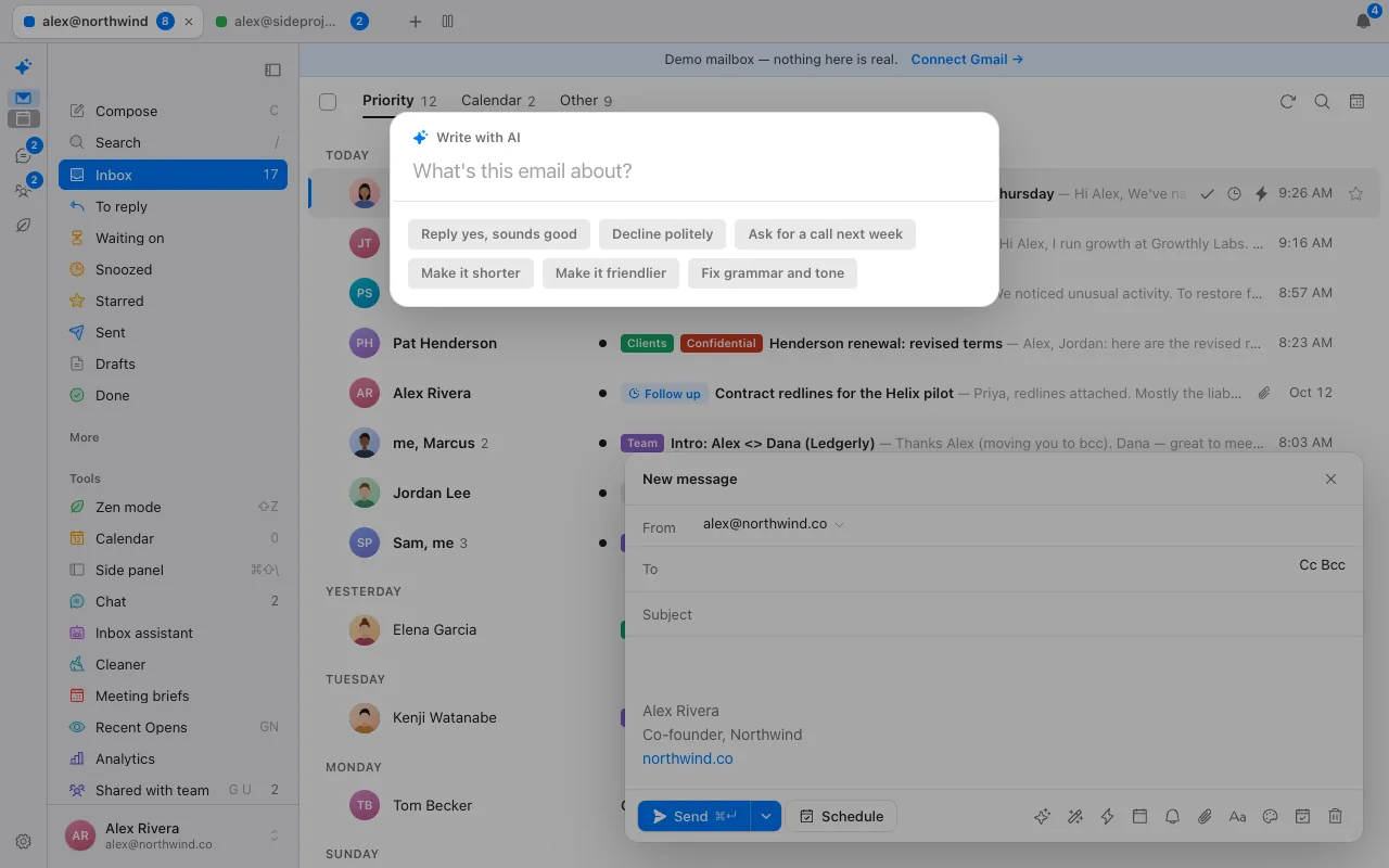 The Write with AI dialog in Donezo Inbox, asking what the email is about, with quick prompts Reply yes sounds good, Decline politely, Ask for a call next week, Make it shorter, Make it friendlier and Fix grammar and tone