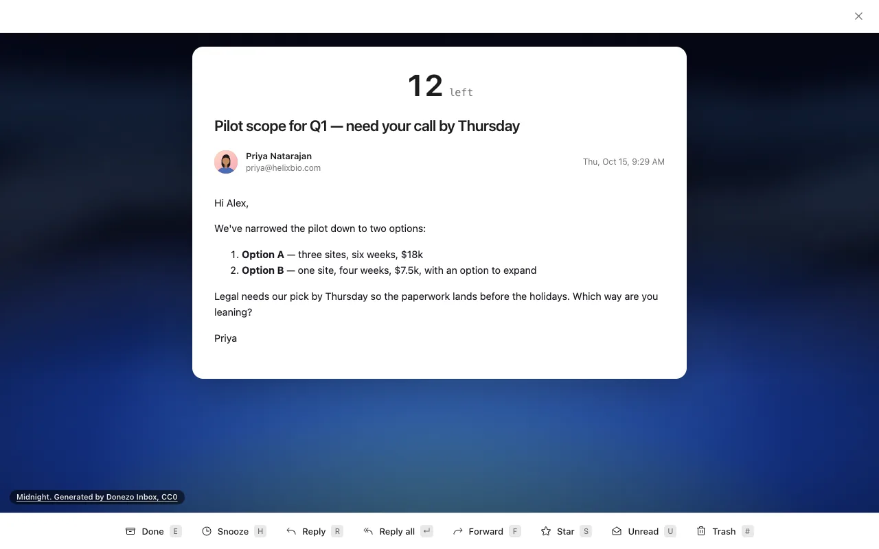 Zen mode in Donezo Inbox showing one conversation at a time over a full-screen picture, with a count of 12 left and a bar of actions along the bottom
