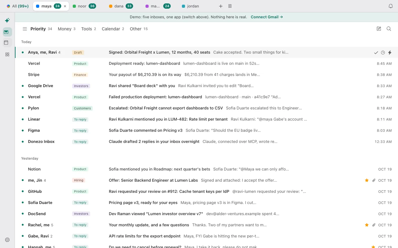 Donezo Inbox with one tab per account above the app, each with its unread count, a first tab called All, and a plus button to add another account