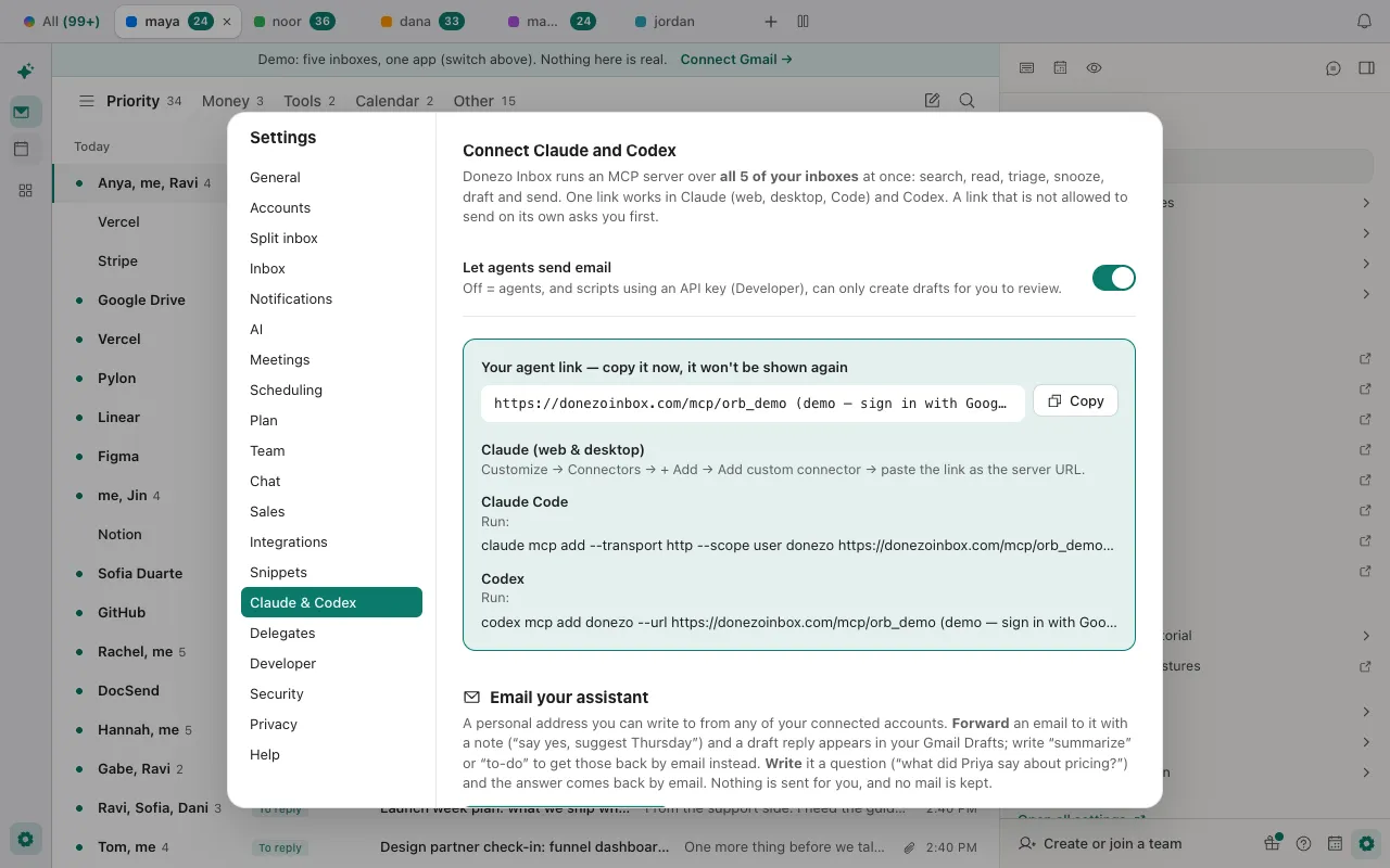 A newly created agent link in Donezo Inbox, with a Copy button and setup lines for Claude, Claude Code and Codex