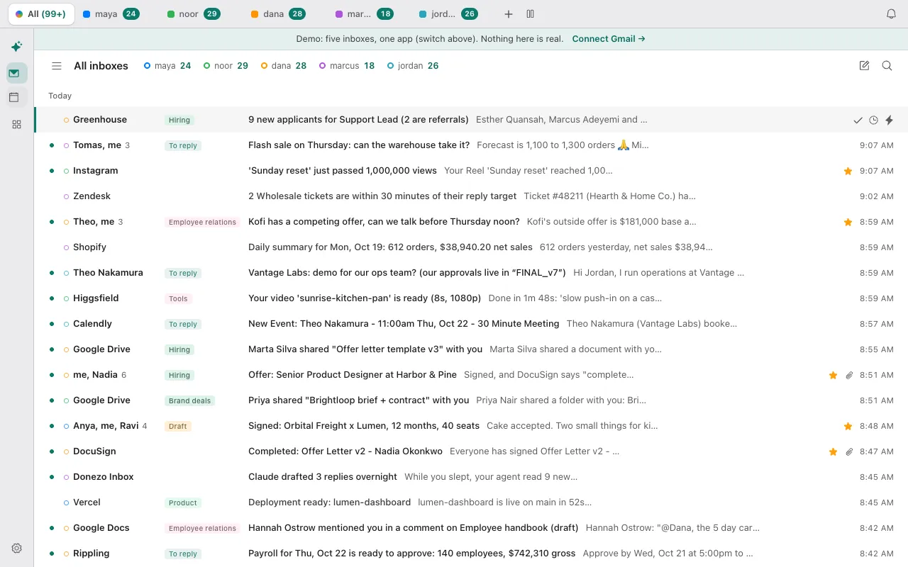 The All inboxes view in Donezo Inbox: one list of the newest conversations from five accounts, each row marked with its account's colored dot, with a count for each account at the top