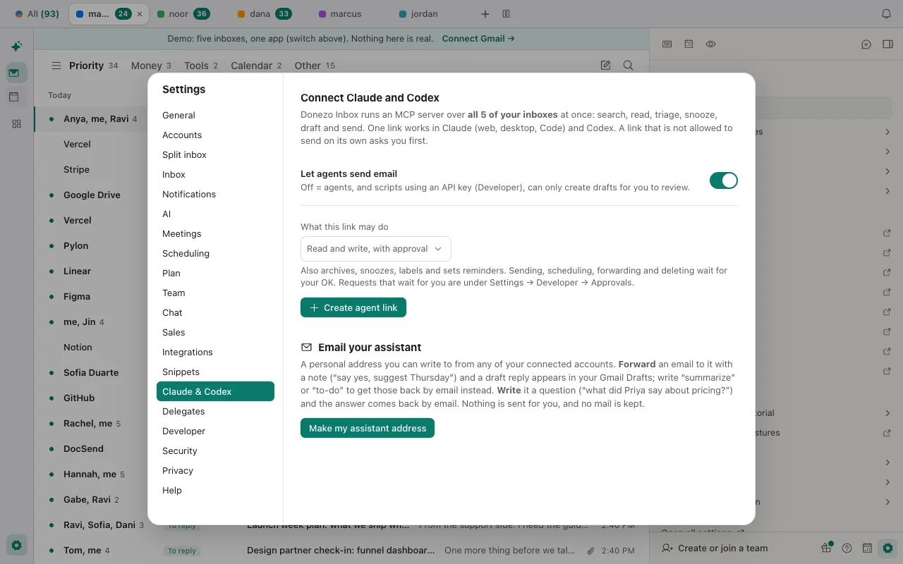 Donezo Inbox's Claude and Codex settings: Let agents send email switched on, What this link may do set to Read and write with approval, and a Create agent link button