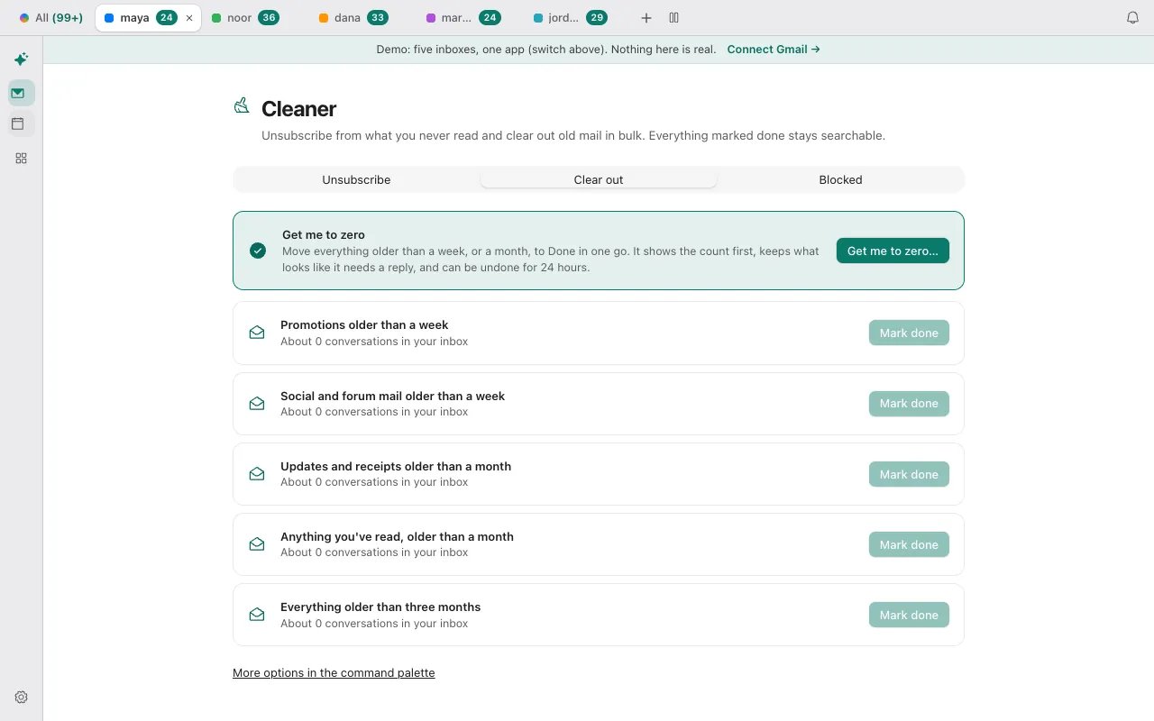 The Clear out tab of Donezo Inbox's Cleaner with Get me to zero at the top and rows for promotions, social mail, updates, read mail and everything older than three months, each with a Mark done button