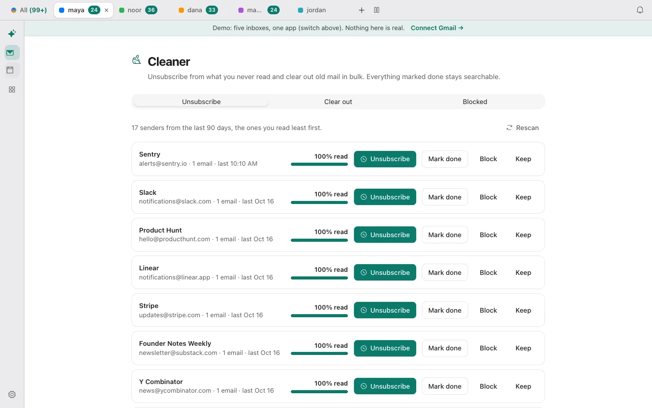 Donezo Inbox's Cleaner on the Unsubscribe tab: a list of senders such as Sentry, Slack and Product Hunt, each with a read percentage and Unsubscribe, Mark done, Block and Keep buttons