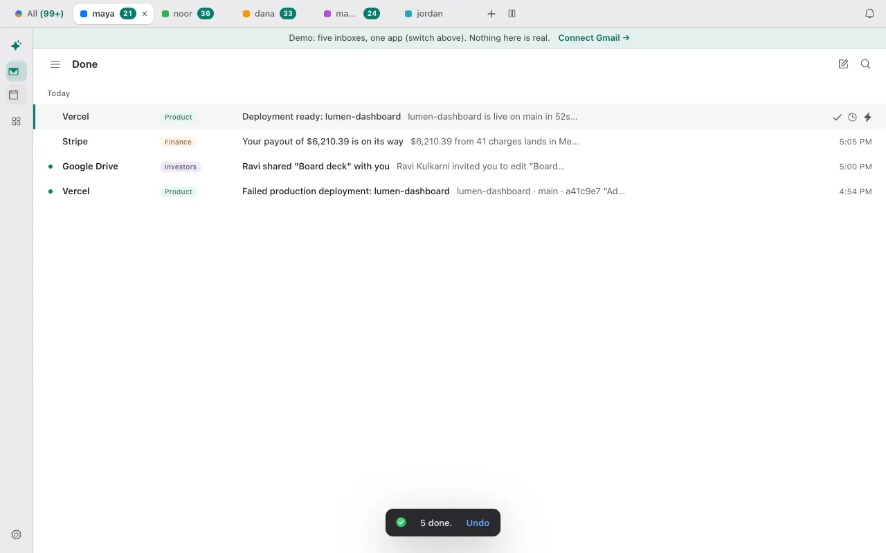 The Done view in Donezo Inbox listing conversations marked done today, with a toast reading 5 done and an Undo button
