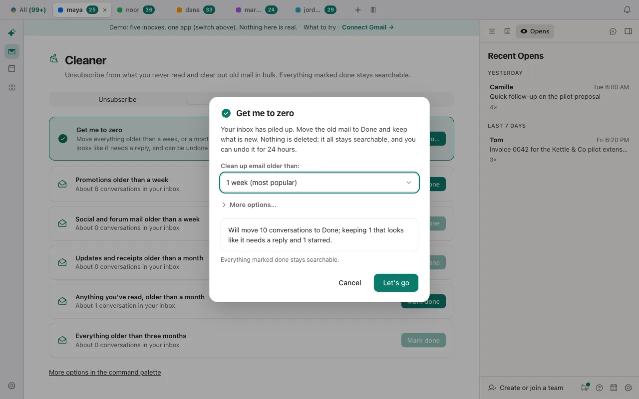 The Get me to zero dialog in Donezo Inbox: a Clean up email older than menu set to 1 week, a More options link, a preview line reading Will move 10 conversations to Done, keeping 1 that looks like it needs a reply and 1 starred, and Cancel and Let's go buttons