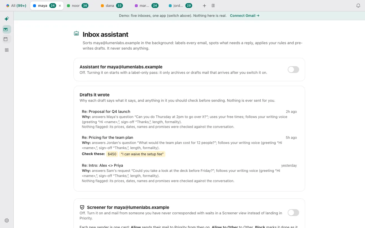 Donezo Inbox's Inbox assistant page with its switch for the account turned off, and the line Off. Turning it on starts with a label-only pass