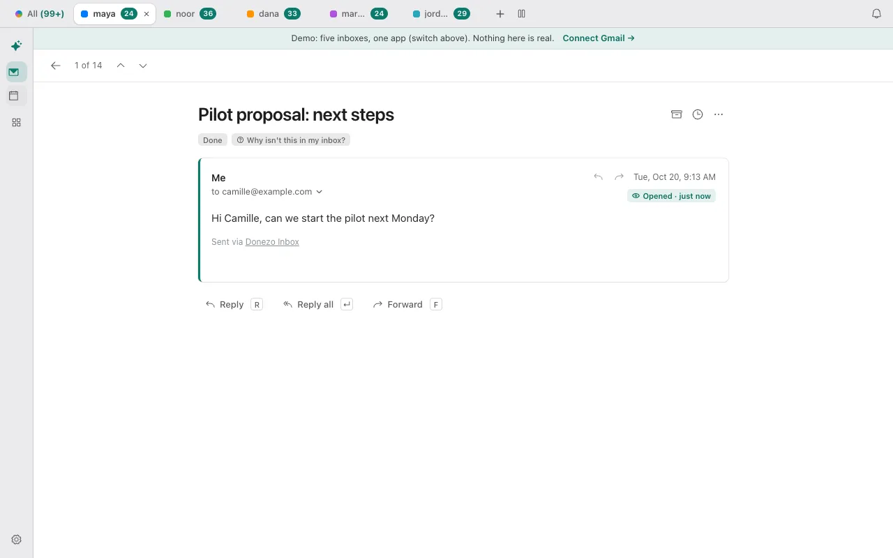 A sent message in Donezo Inbox with a green Opened chip, Opened just now, beside the date at the top right of the message