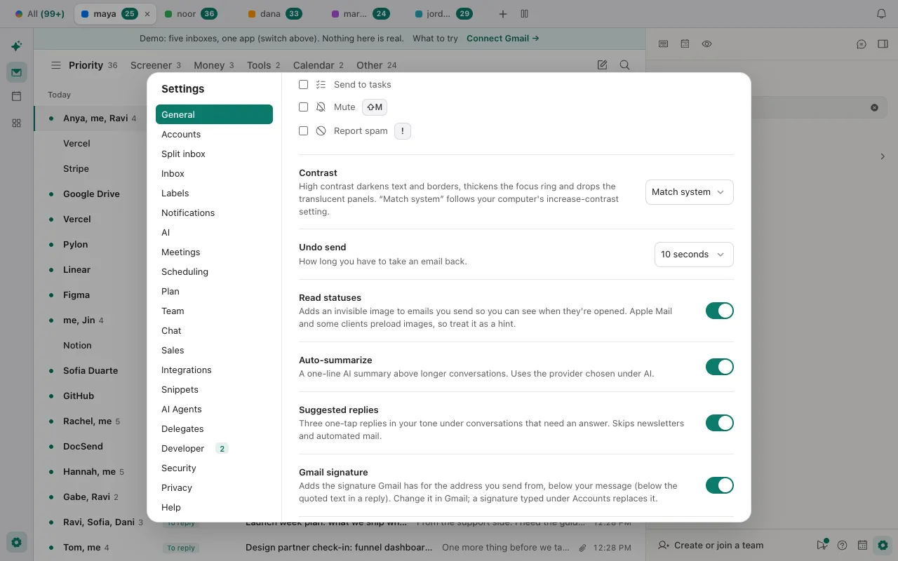 Settings in Donezo Inbox, General tab, with the Read statuses switch on and its hint: Adds an invisible image to emails you send so you can see when they're opened, and that Apple Mail and some clients preload images