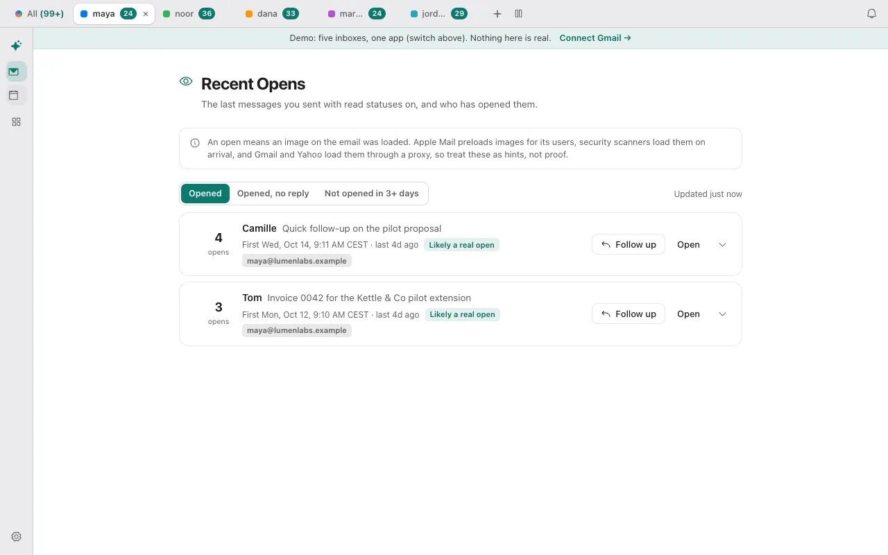 The Recent Opens page in Donezo Inbox with a note that an open means an image was loaded, views for Opened, Opened no reply and Not opened, and two messages labeled Likely a real open