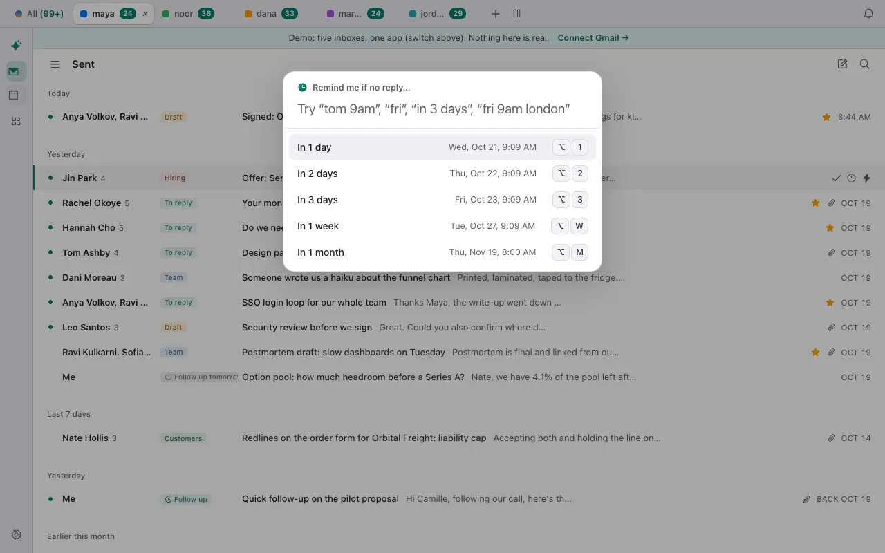 The Remind me if no reply picker in Donezo Inbox with presets from In 1 day to In 1 month and a box for typing a time