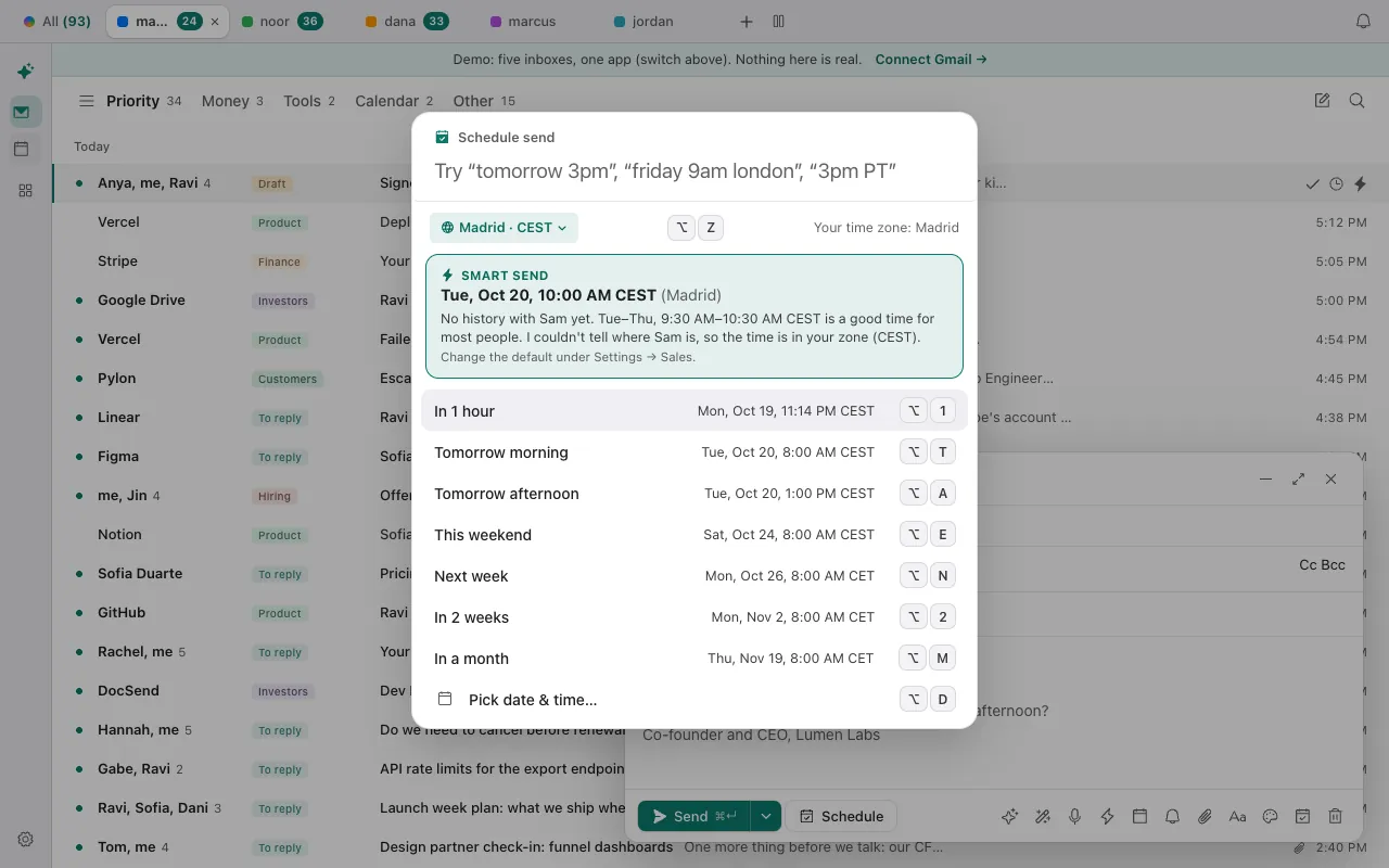 The Schedule send panel in Donezo Inbox over a draft: a box for typing a time, a time zone chip, presets from In 1 hour to In a month, and Pick date and time