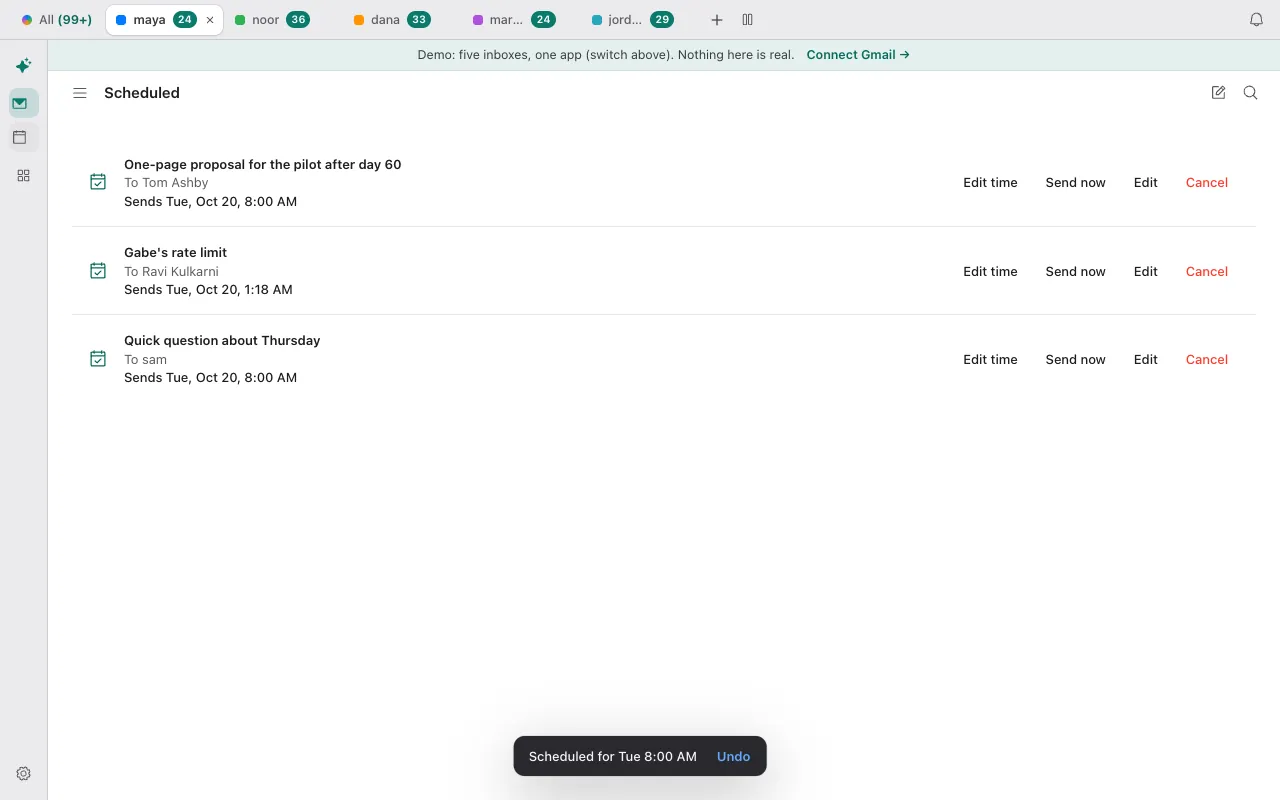 The Scheduled view in Donezo Inbox with rows that offer Edit time, Send now, Edit and Cancel, and a toast saying Scheduled for Tuesday 8:00 AM with an Undo button