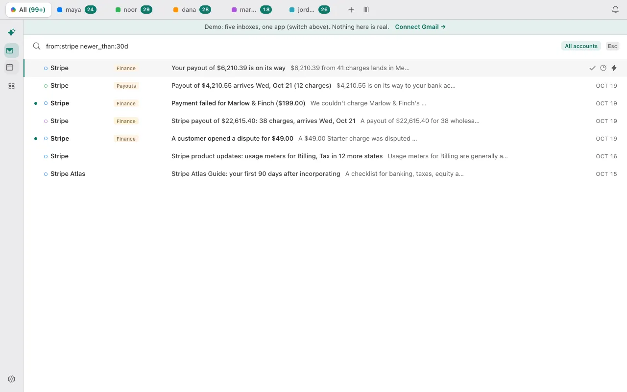 Donezo Inbox's search box with the query from:stripe newer_than:30d, the All accounts chip at the right, and seven results from Stripe taken from several inboxes