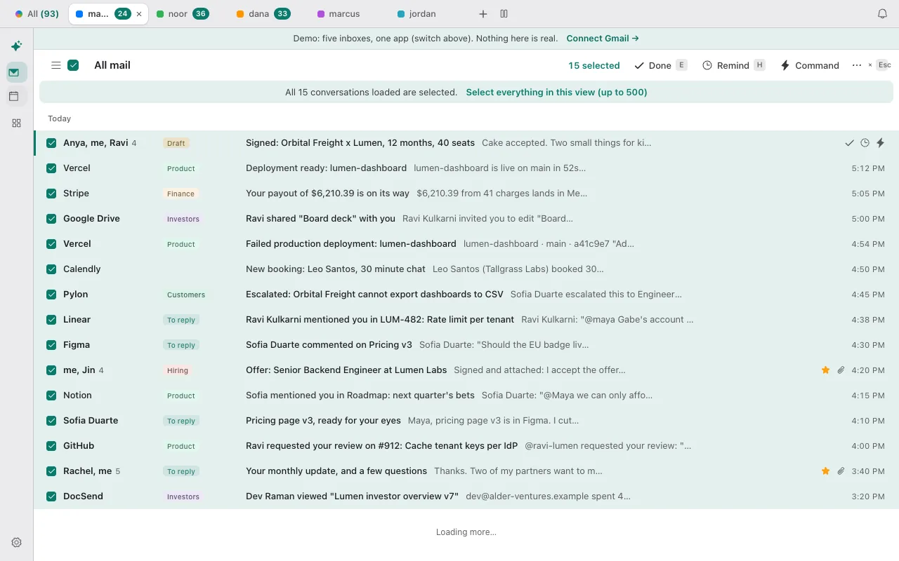 Donezo Inbox's All mail view with 15 conversations selected and a bar offering Select everything in this view, up to 500