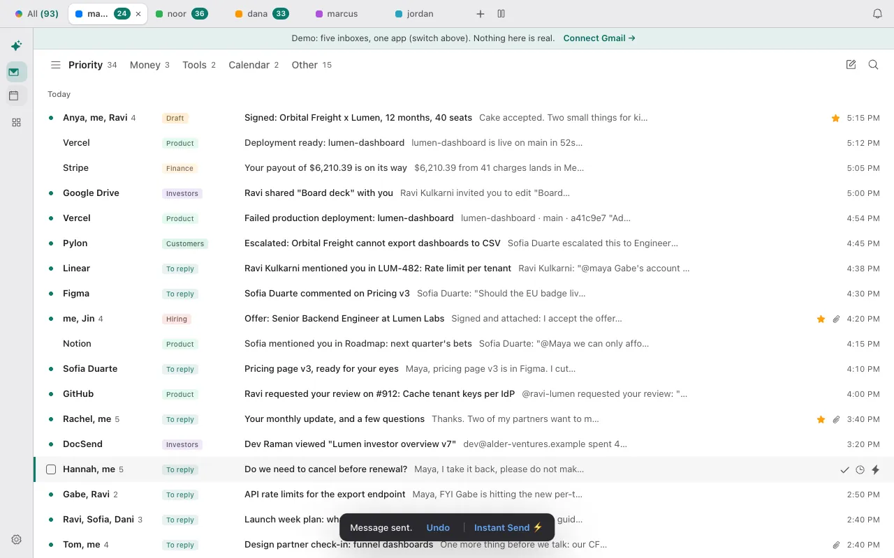 Donezo Inbox's confirmation box after sending, reading Message sent with Undo and Instant Send buttons