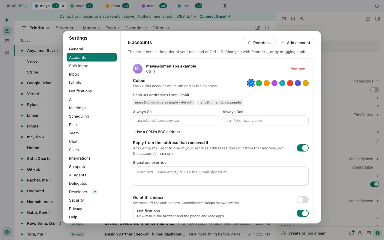 Settings, Accounts in Donezo Inbox: 5 accounts with Reorder and Add account buttons, the first account marked Ctrl 1, its send-as addresses from Gmail, and a switch for replying from the address that received the mail