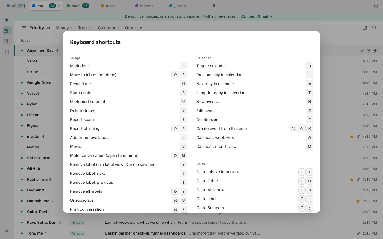 Donezo Inbox's Keyboard shortcuts sheet with Triage keys such as E mark done, H remind me, # delete and Command U unsubscribe, and Calendar and Go to keys