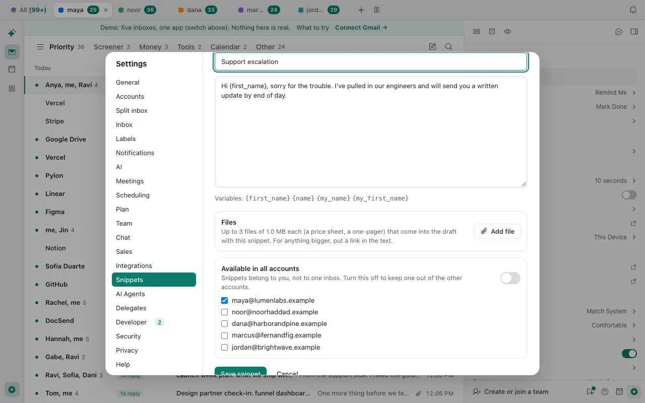 A snippet being edited in Donezo Inbox: a name box, text with a first_name variable, the list of variables, an Add file button and a switch for Available in all accounts