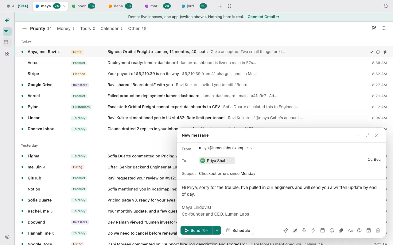 A new message in Donezo Inbox addressed to Priya Shah, with the snippet text inserted so that the first_name variable reads Priya