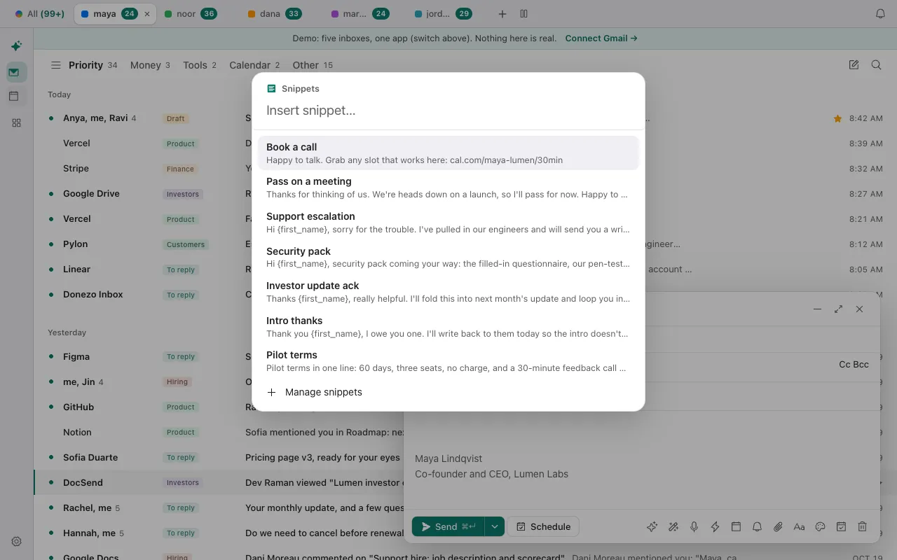 The Insert snippet picker in Donezo Inbox over a new message, listing snippets by name with the start of each one's text and a Manage snippets row