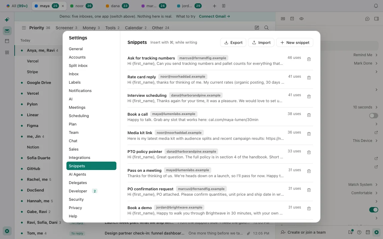 The Snippets page in Donezo Inbox Settings, a list of snippets with their names, the inbox each belongs to, a use count and a bin icon, and Export, Import and New snippet buttons