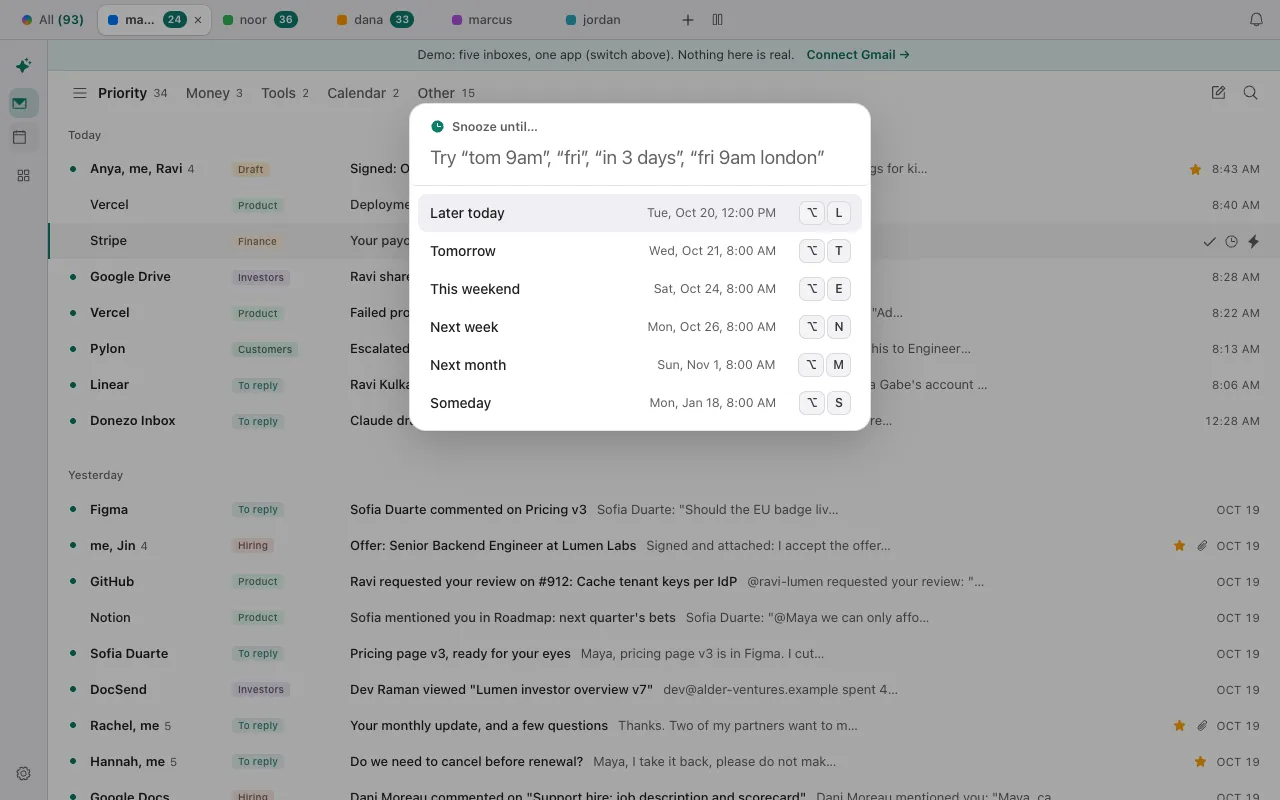 The Snooze until picker in Donezo Inbox over the inbox, with a box for typing a time and presets from Later today to Someday, each with its date and an Option-key shortcut