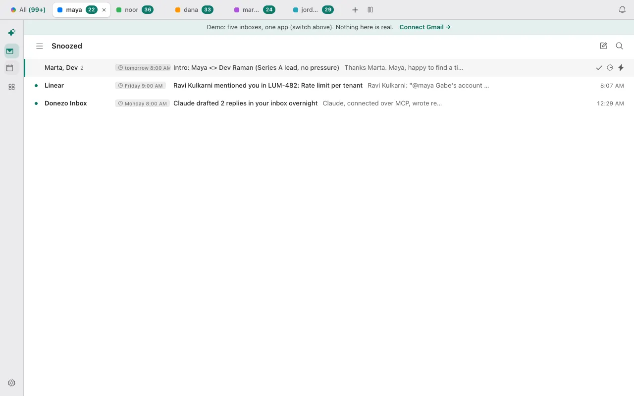 The Snoozed view in Donezo Inbox listing three conversations, each with a clock chip showing the day and time it will return