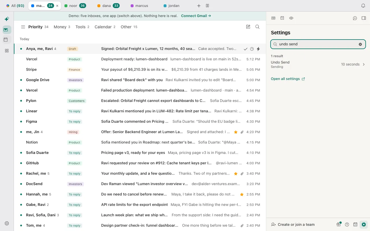 Donezo Inbox settings searched for undo send, showing Undo Send under Sending with a value of 10 seconds